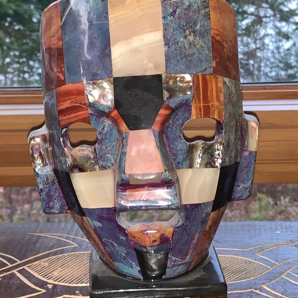Mexican Glazed Ceramic standing Mask of an INDIGENOUS WARRIOR on stand, 8x6x4 - Picture 4 of 4
